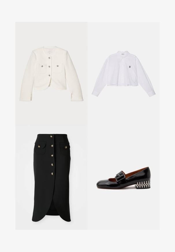 Witte cropped jas gemaakt van gestructureerde stof, met vier knopen met decoratieve details en twee voorzakken.; Witte, cropped blouse met lange mouwen, voorzien van een klassieke kraag en een klein zwart geborduurd logo op de linkerborst.; Zwarte knie-lange rok van soepel materiaal, voorzien van een voorste knopen sluiting, twee zijzakken en een hoge split aan de achterkant. Accenten met gouden knopen.; Zwarte lakleren lage hak schoen met een brede gesp en een zwart-witte geometrische blokhak.