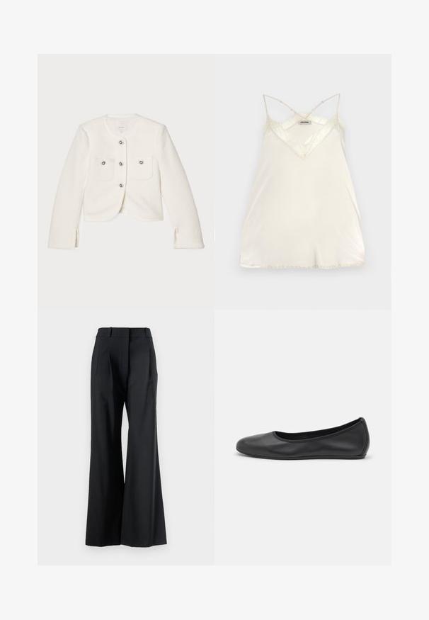 Hvid cropped jakke lavet af tekstureret stof, med fire knapper med dekorative udsmykninger og to forlommer.; Lys cremet camisole med justerbare spaghetti-stropper, V-hals design og blonde detaljer ved halsudskæringen og kanten for ekstra finesse.; Veronica Beard OLLIE PANT - Bukser - black; Sort læderballetsko med rund tå, glat tekstur, minimal syning og et fleksibelt såldesign.