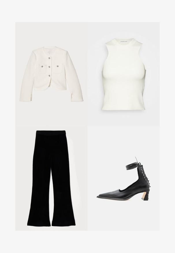 Hvid cropped jakke lavet af tekstureret stof, med fire knapper med dekorative udsmykninger og to forlommer.; DESIGNERS REMIX MANDY TANK - Top - white; Sorte flared bukser lavet af blødt, tekstureret stof med en glat talje. Designet har et bredt ben og en jævn kant.; Sort lavhælet lædersko med spids tå, snøredetalje bagpå og ankelrem mod en ensartet hvid baggrund.