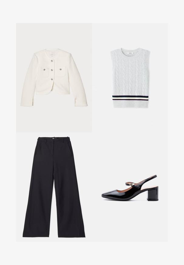 Hvid cropped jakke lavet af tekstureret stof, med fire knapper med dekorative udsmykninger og to forlommer.; Lys grå ærmeløs sweater med et kabelstrikket mønster og en stribet ribkant i marineblå, grøn og creme. Blød tekstur.; Maje PIMANO - Bukser - noir; Sort laklæderslingback-sko med blokhæl og hjerteformet spænde på remmen, vist i profil mod hvid baggrund.