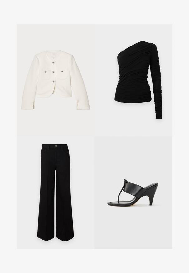Veste blanche courte en tissu texturé, dotée de quatre boutons avec des embellissements décoratifs et de deux poches avant.; Haut noir à manches longues avec une épaule dégagée. Tissu froncé pour la texture et silhouette ajustée. Matière lisse et extensible.; Jean large noir fabriqué dans un tissu robuste, avec une taille haute, des poches avant et une fermeture à bouton à l'avant. Ourlet plat en bas.; Sandale noire à talon haut avec une large bride avant et une boucle d'orteil dotée d'un détail de corde nouée, vue de profil sur fond blanc.