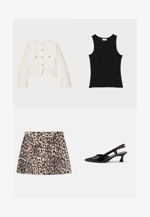 Hvid cropped jakke lavet af tekstureret stof, med fire knapper med dekorative udsmykninger og to forlommer.; Sort ribbet tanktop med rund halsudskæring og brede skulderstropper, med en subtil struktureret finish og en lille mesh-detalje ved kanten.; Denim nederdel med leopardmønster, der har høj talje, frontlukning med knapper og to sidelommer med snøre detaljer.; Sort laklæderslingback med lille hæl, spids tå og justerbar guldlåsrem på hvid baggrund.