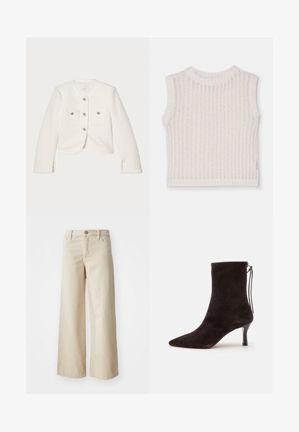 Hvid cropped jakke lavet af tekstureret stof, med fire knapper med dekorative udsmykninger og to forlommer.; Ærmeløs hvid top med ribbet tekstur, med rund halsudskæring og et åbent strikdesign. Enkel og afslappet silhuet.; Beige brede bukser lavet af denim med høj talje, knaplukning, bæltesløjfer og sidelommer. Glat tekstur og afslappet pasform.; Sort ruskind ankelstøvle med spids tå, mellemhøj slank hæl og lynlås med trækstreng bagpå.