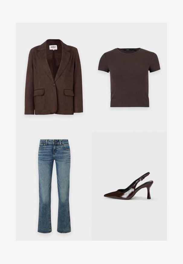 Blazer en faux suède marron avec col en revers, fermeture à un bouton, deux poches avant et doublure intérieure lisse.; Crop top à manches courtes, marron foncé côtelé avec encolure ronde sur un fond clair uni.; Jean en denim bleu avec une taille mi-haute, fermeture par boutons, poches avant et jambes légèrement évasées avec des détails délavés.; Talons slingback en cuir verni brun avec un bout pointu, un talon fin, et une sangle réglable avec une petite boucle.
