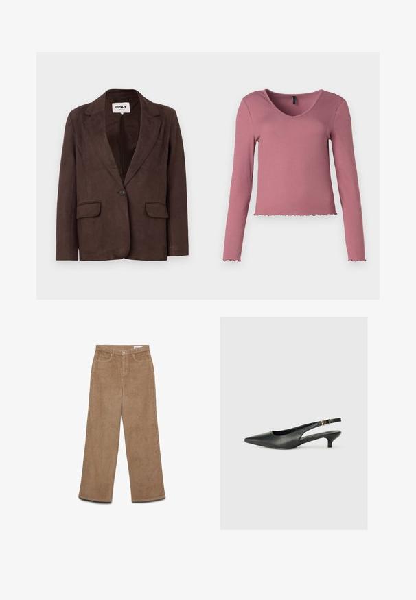 Blazer en faux suède marron avec col en revers, fermeture à un bouton, deux poches avant et doublure intérieure lisse.; Top à manches longues côtelé en rose poudré avec un décolleté en V et un ourlet festonné. Texture lisse, design ajusté et détails minimaux.; Pantalon large en velours côtelé marron. Caractérisé par un tissu texturé, cinq poches et une fermeture par bouton. Coupe droite de la hanche à l'ourlet.; Chaussure slingback noire à bout pointu en cuir lisse. Présente un talon fin et un détail de boucle sur la sangle réglable.