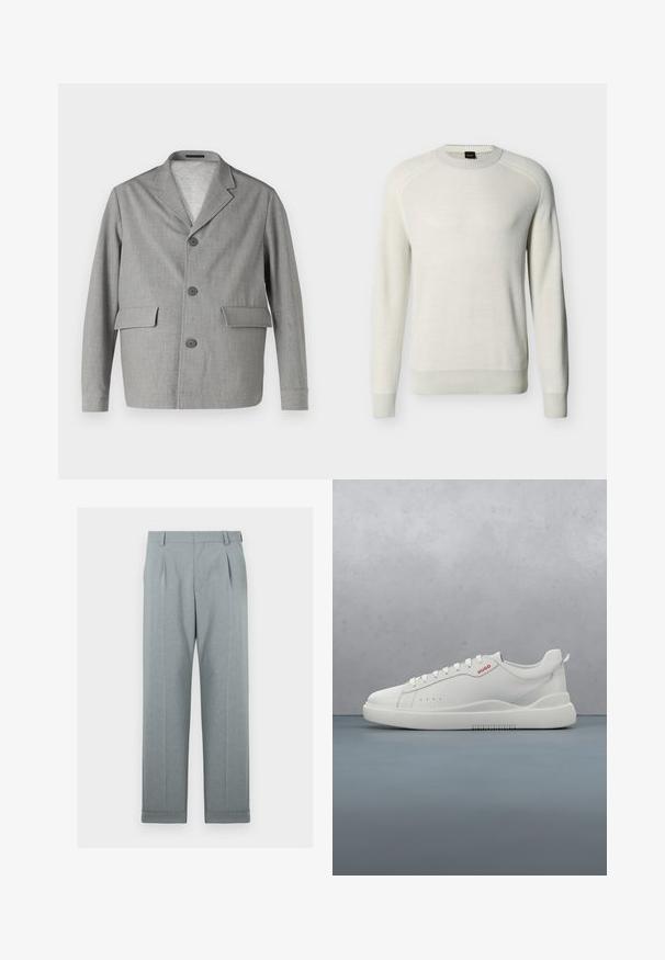 Grijze blazer van textuurstof, met een notch-kraag, drie knopen en twee voorkezen. Strak, modern ontwerp.; Gebroken-witte trui met lange mouwen en ronde hals, voorzien van geribbelde boorden aan de mouwen, zoom en hals, afgebeeld op een effen achtergrond.; Lichtgrijze broek van een textuurstof met een recht model, enkele plooien en omgeslagen broekspijpen. Minimalistische en op maat gemaakte uitstraling.; Witte sneaker met een gladde leren afwerking, ronde neus, vier veterogen, subtiele perforaties en een rood logo detail aan de zijkant.