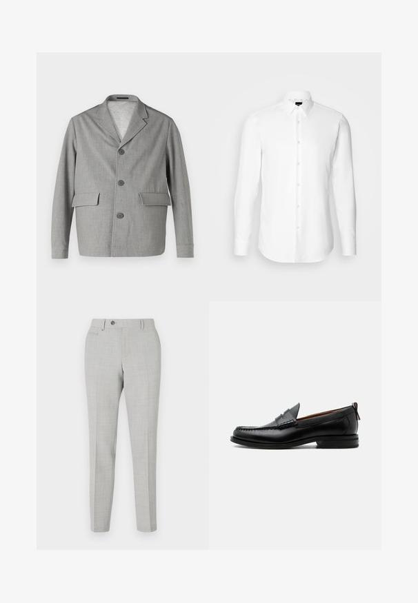 Blazer gris en tissu texturé, avec un col à revers, trois boutons et deux poches avant. Design épuré et moderne.; Chemise blanche à manches longues, boutonnée sur le devant, col classique, fabriquée en tissu lisse avec une texture subtile, conçue pour une coupe ajustée.; Pantalon gris ajusté avec un motif à carreaux subtil, fabriqué en tissu léger. Dispose d'une fermeture à bouton et de poches latérales. Silhouette ajustée.; Mocassin homme en cuir noir avec couture moc toe, bride penny, col texturé et petit talon empilé sur fond blanc.