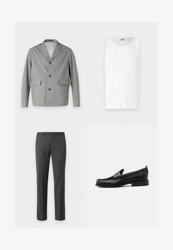 Blazer gris en tissu texturé, avec un col à revers, trois boutons et deux poches avant. Design épuré et moderne.; Débardeur en coton blanc sans manches avec un col rond et une texture lisse. Design simple, sans motifs ni accents.; Pantalons ajustés gris foncé en textile lisse. Présente des jambes droites, une taille plate et des passants de ceinture. Pas de motifs ou d'accents visibles.; Mocassin en cuir noir avec détail de bride grise, talon bas et semelle texturée, marqué "HUGO" en or sur le côté.