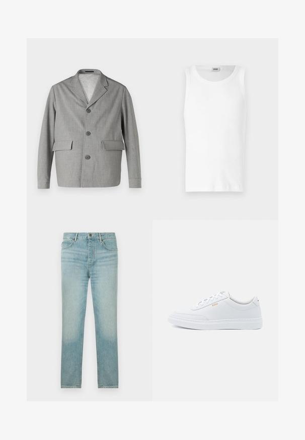 Blazer gris en tissu texturé, avec un col à revers, trois boutons et deux poches avant. Design épuré et moderne.; Débardeur en coton blanc sans manches avec un col rond et une texture lisse. Design simple, sans motifs ni accents.; Jean en denim bleu clair avec une coupe droite, présentant un délavage, un design à cinq poches et une fermeture à bouton sur le devant.; Baskets blanches en cuir avec une texture lisse, bout rond et coutures tonales. Possède des lacets bleus et un logo doré sur le côté.