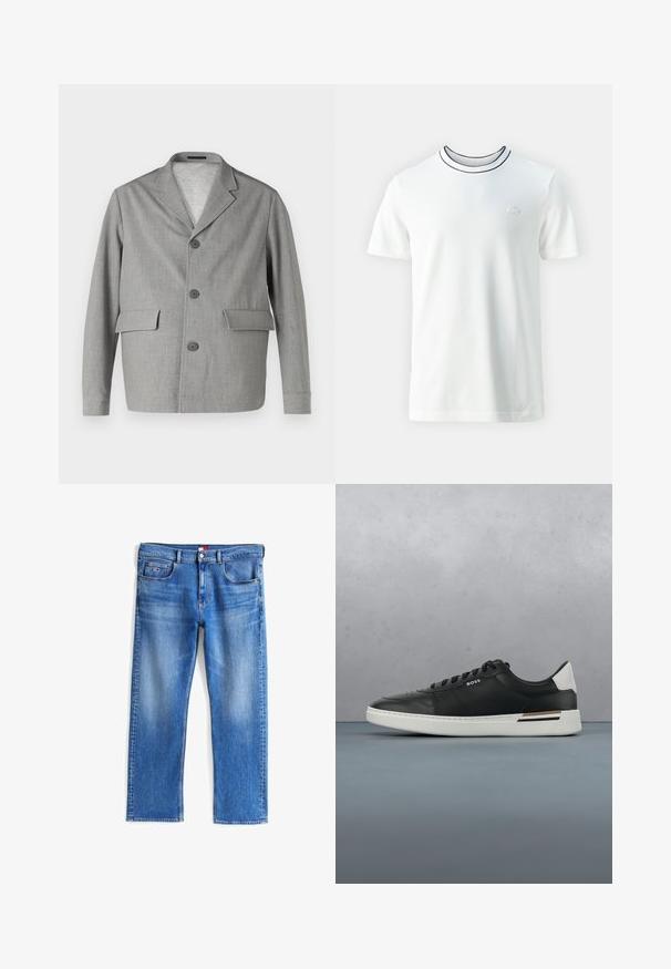 Blazer gris hecho de una tela texturizada, con cuello de pico, tres botones y dos bolsillos frontales. Diseño limpio y moderno.; Camiseta blanca de manga corta con cuello redondo y ribete en azul marino, con un pequeño logo bordado en el pecho. Tejido de algodón suave.; Jeans de mezclilla azul con un diseño de pierna recta, que cuentan con bolsillos delanteros y traseros, herrajes plateados y un ligero desgaste a lo largo de la tela.; Zapatilla de cuero negra con suela blanca, cuenta con perforaciones, diseño de cordones, logo en el costado y detalle del talón en blanco y marrón.