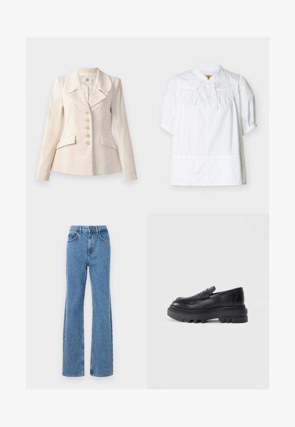 Beige skræddersyet blazer med store revers, fem knaplukninger, to forlommer og en struktureret pasform. Glat stofstruktur.; Hvid kortærmet bluse med samlet bærestykke og puffede ærmer, med en lille stående krave og en bundet sløjfe ved halsen.; Lyseblå denim flared jeans med høj talje, fem lommer og kontrasterende syninger. Stoffet har en glat tekstur med en klassisk pasform.; Sorte læder loafers med en kraftig sort sål og tekstureret stropdetalje. Den glatte overflade og den afrundede form forstærker dens moderne design.