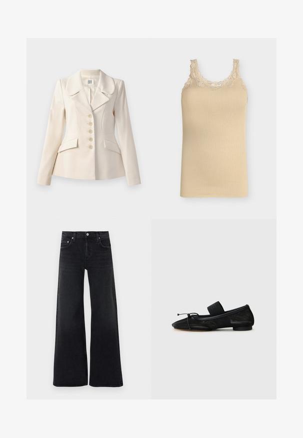 Beige skræddersyet blazer med store revers, fem knaplukninger, to forlommer og en struktureret pasform. Glat stofstruktur.; Beige ribstrikket tanktop med blonder rundt halsudskæring og stropper, ærmeløs, tætsiddende stil.; Sorte sorte bukser med høj talje, brede ben, frontknap og lynlås, bæltestropper og klassisk fem-lomme design.; Sort flad sko med spids tå, lavet af tekstureret stof, med en sløjfeaccent og en lille, rund hæl. Elastisk rem ved anklen.