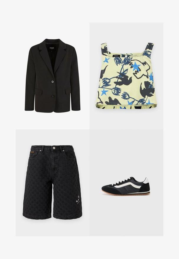 Blazer negro de tela suave, con solapa con muesca, dos bolsillos frontales y cierre de dos botones. Diseño ajustado, forma estructurada.; Top corto beige sin mangas con estrellas azules, siluetas de pájaros negros y patrones florales abstractos.; Shorts negros hasta la rodilla con un patrón a cuadros texturizado, botón frontal, bolsillos y pequeños diseños de estrellas blancas y destellos en la pierna derecha.; Zapato deportivo negro con parte superior de ante y textil, detalles en blanco, seis ojales y suela de goma. Diseño elegante con un perfil bajo.