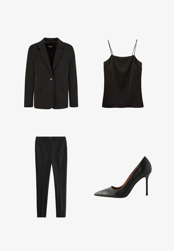 Sort blazer lavet af glat stof, med en spids krave, to forlommer og lukning med to knapper. Skræddersyet design, struktureret form.; Sort satin camisole top med tynde dobbelte spaghetti stropper og en lige udskæring.; Sorte bukser i et glat, letvægtsstof. Har en skræddersyet pasform, forkantede folder og standard bæltestropper med sidelommer og baglommer.; Sort læder højhælede pumps med spids tå og glat overflade. Har en slank stiletto-hæl og en lav skæring langs siderne.