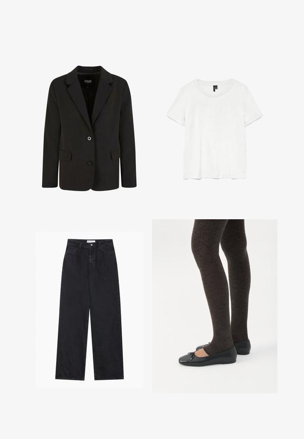 Zwarte blazer gemaakt van gladde stof, met een notch-kraag, twee voorkeepockets en een sluiting met twee knopen. Gepersonaliseerd ontwerp, gestructureerde vorm.; Witte t-shirt met korte mouwen en een ronde hals, gemaakt van lichte stof. Eenvoudig ontwerp, gladde textuur en rechte zoom.; Zwarte high-waisted spijkerbroek met wijde pijpen, frontknopen en ritssluiting, ceintuurlussen en een vijf-pocket stijl.; Benen met donkere geribbelde leggings gecombineerd met zwarte ballerina's met kleine strikdetails op een witte achtergrond.