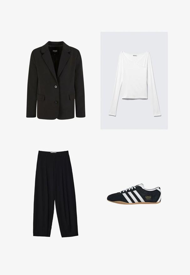 Blazer noir en tissu lisse, avec un col cranté, deux poches avant et une fermeture à deux boutons. Design ajusté, forme structurée.; Haut blanc à manches longues avec un design croisé et une poche. Fabriqué dans un tissu lisse et extensible. Coupé dans une coupe décontractée et ample.; Pantalons larges noirs en tissu léger, avec des plis avant, une taille classique et des poches latérales. Texture douce.; Sneakers en suede noir avec trois bandes blanches, logo doré et semelle en caoutchouc marron. Présente un design à lacets à profil bas.