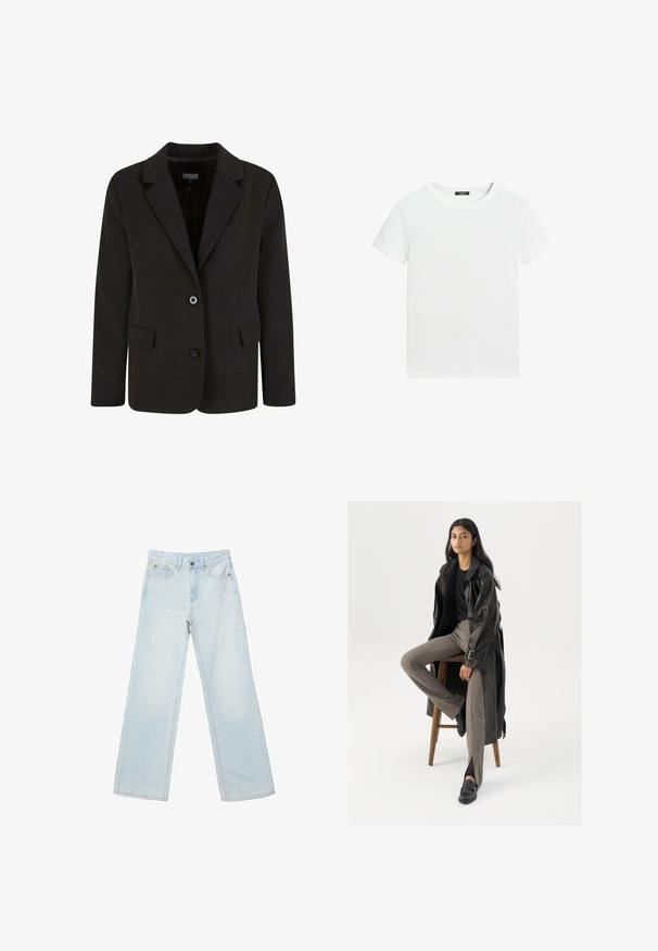 Sort blazer lavet af glat stof, med en spids krave, to forlommer og lukning med to knapper. Skræddersyet design, struktureret form.; Almindelig hvid T-shirt med korte ærmer, rund halsudskæring og lille sort label inden i kraven.; Lyseblå jeans med høj talje og lige ben, med frontknap og lynlås, for- og baglommer, vist på hvid baggrund.; Sort læder trench coat med knapper og bælte detalje, parret med lysebrune tætsiddende bukser og sorte loafers, siddende på en træstol.