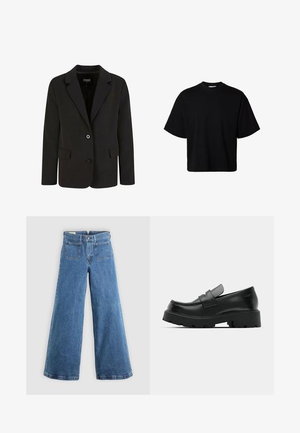 Blazer negro de tela suave, con solapa con muesca, dos bolsillos frontales y cierre de dos botones. Diseño ajustado, forma estructurada.; Camiseta negra de manga corta, oversize, con cuello redondo y ajuste relajado, mostrada sobre un fondo blanco liso.; Jeans de pierna ancha de talle alto en azul, con bolsillos frontales de parche, trabillas para cinturón, cierre de botón y cremallera, sobre un fondo liso.; Mocasines de cuero negro con suela gruesa y texturizada, que presentan una correa sobre el empeine y un acabado suave y pulido.