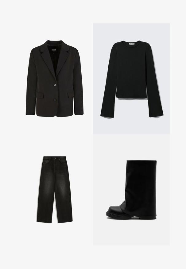 Sort blazer lavet af glat stof, med en spids krave, to forlommer og lukning med to knapper. Skræddersyet design, struktureret form.; Sort langærmet rundhalset skjorte med en figursyet silhuet og let udvidede ærmer, mærket med "Weekday" brandetiketten ved halsudskæringen.; Høj talje sorte vidde jeans med forlommer, bæltestropper og knaplukning, vist fladt på hvid baggrund.; Sort høj læderstøvle med bred, løs øvre skaft og en tyk, rundet sål på hvid baggrund.