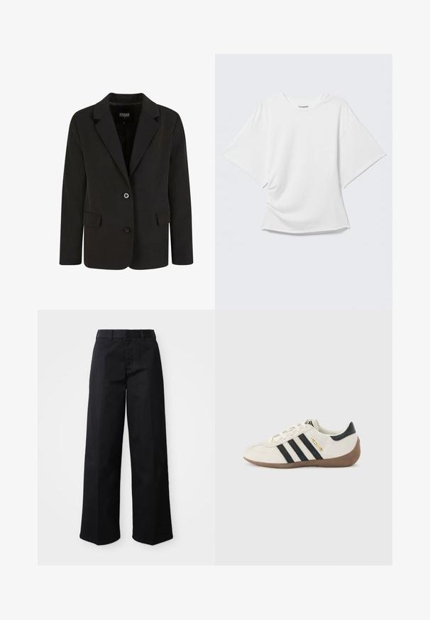 Blazer negro de tela suave, con solapa con muesca, dos bolsillos frontales y cierre de dos botones. Diseño ajustado, forma estructurada.; Camiseta blanca oversized de manga corta con cuello redondo mostrada sobre un fondo gris claro.; Pantalones de pierna ancha negros, hechos de suave tejido de algodón. Presentan una cinturilla clásica, bolsillos laterales y un corte recto hasta el dobladillo.; Zapatilla blanca de Adidas con rayas negras, suela marrón texturizada y la palabra "SPEZIAL" en letras doradas en el lateral, vista desde el lado exterior.