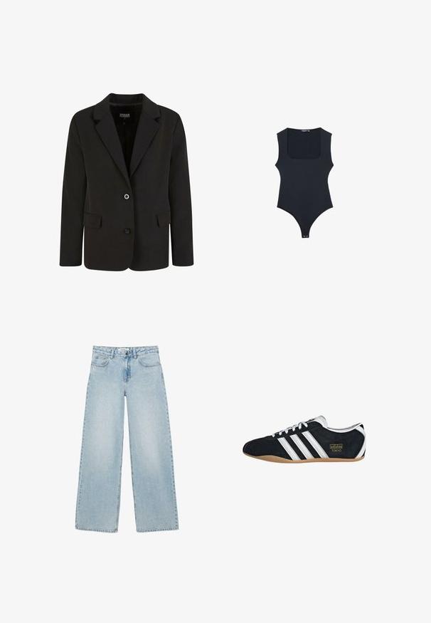 Sort blazer lavet af glat stof, med en spids krave, to forlommer og lukning med to knapper. Skræddersyet design, struktureret form.; Sort bodysuit med firkantet udskæring, ærmeløs design og thong bag. Fremstillet af glat, strækbart stof. Har knaplukning i bunden.; Lyseblå bukser med vide ben, for- og baglommer, knap- og lynlås-lukning samt diskrete rhinstenudsmykninger.; Sort ruskinds sneaker med hvide tre striber, guldlogo og en brun gummisål. Har et lavprofil snørebåndsdesign.