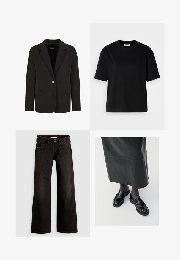 Blazer negro de tela suave, con solapa con muesca, dos bolsillos frontales y cierre de dos botones. Diseño ajustado, forma estructurada.; Camiseta de algodón negra de manga corta, con un escote redondo y un corte relajado. Textura suave y diseño minimalista sin patrones ni acentos visibles.; Jeans negros de pierna ancha con un acabado ligeramente desteñido, que cuentan con bolsillos frontales, cierre de cremallera y botón. Hechos de tela vaquera.; Mocasines de cuero negro con un acabado suave, que presentan una tira decorativa, puntera redonda y suela texturizada. Llevados con una falda larga de cuero negro.