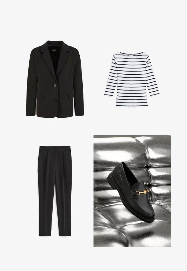 Zwarte blazer gemaakt van gladde stof, met een notch-kraag, twee voorkeepockets en een sluiting met twee knopen. Gepersonaliseerd ontwerp, gestructureerde vorm.; Marks & Spencer STRIPED SLASH NECK - Longsleeve - white mix; Zwarte broek met een getailleerde pasvorm, voorzien van een platte voorkant, twee zijzakken en een strakke, naadloze uitstraling. Gemaakt van een gladde, ademende stof.; Zwarte leren instapper met een goudkleurig hardware-detail. De schoen heeft een strak ontwerp en een gladde, glanzende textuur.