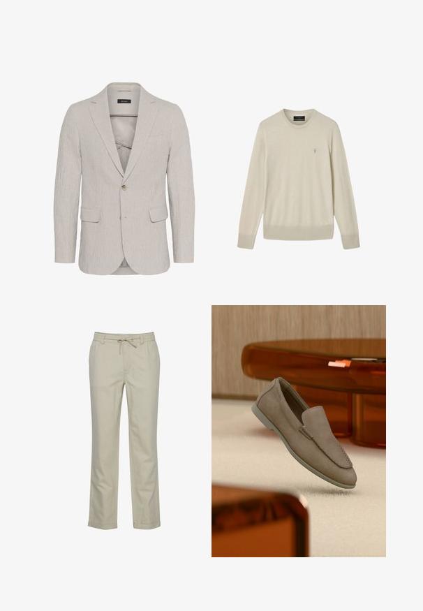 Lysegrå stribede blazer med en enkelt knaplukning, åbne slag, to frontlommer og struktureret stof. Har en slank pasform.; Beige langærmet sweater med rund hals og ribstrikkede manchetter og kant, med en lille broderet logo på venstre bryst.; Beige letvægtsbukser med lige pasform, elastisk talje og snor. Glat tekstur uden synlige mønstre eller hardware.; Beige ruskind slip-on loafer med synlige syninger og lys sål, placeret over cremefarvet tæppe med orange gennemsigtigt møbel i baggrunden.