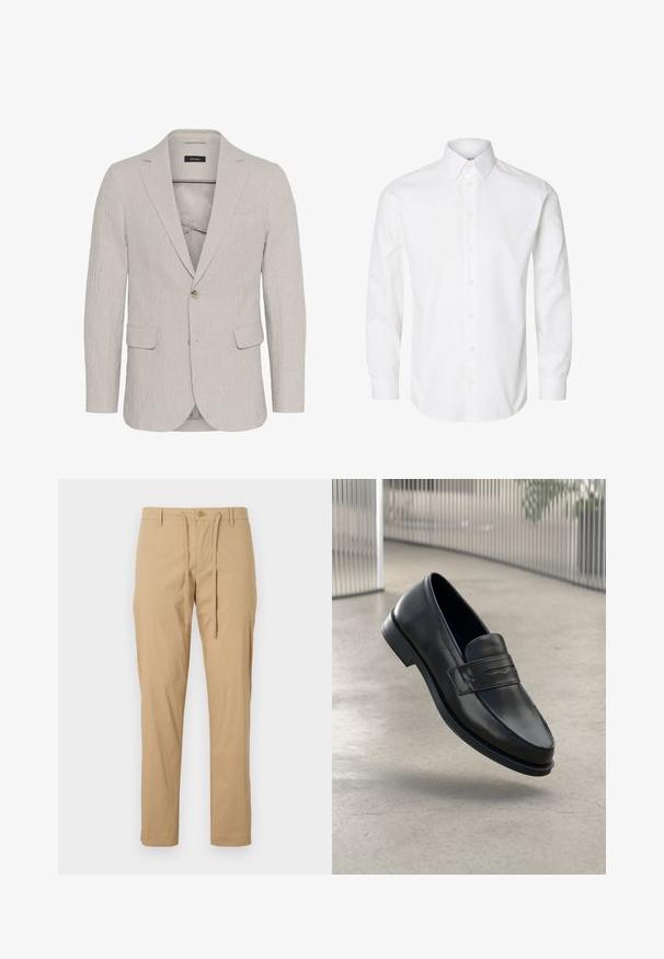 Hellgrau gestreifter Blazer mit einem Ein-Knopf-Verschluss, Reverskragen, zwei Vorderaschen und strukturiertem Stoff. Besitzt ein schmal geschnittenes Design.; Weißes langärmeliges Hemd mit spitzem Kragen, sichtbaren Knöpfen auf der Vorderseite und geknöpften Manschetten.; Hellbeige Baumwollhose mit Kordelzugbund, schmaler Passform, normalen Taschen und Knopfverschluss vorne. Glatte Textur.; Schwarzer Lederloafer mit glatter Textur, spitzer Zehe und einem dekorativen Riemen über dem Rist. Leichte Sohle, minimalistisches Design.