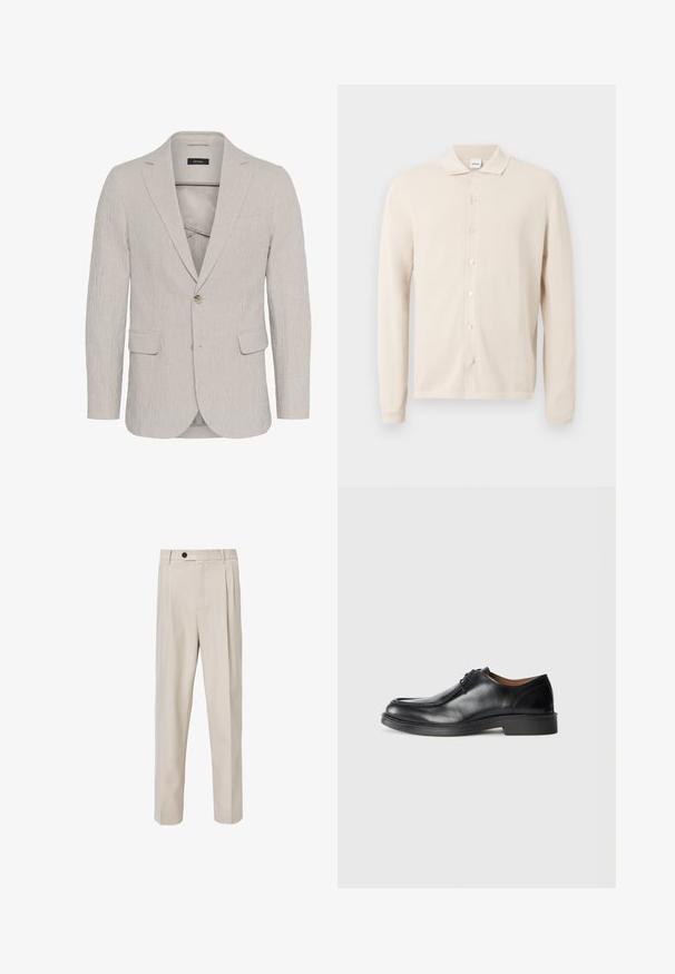 Hellgrau gestreifter Blazer mit einem Ein-Knopf-Verschluss, Reverskragen, zwei Vorderaschen und strukturiertem Stoff. Besitzt ein schmal geschnittenes Design.; Beiger langärmeliger Knopfstrickcardigan mit Kragen, strukturierter Stoff und sieben vorderen Knöpfen, auf hellem einfarbigem Hintergrund dargestellt.; Beige maßgeschneiderte Hose mit geradem Beinschnitt, vorderen Falten, Knopfverschluss und glatter Stoffstruktur.; Schwarze Leder-Dressschuhe mit abgerundetem Zehenbereich, glatter Oberfläche, Schnürdetails und einer niedrigen, strukturierten Gummisohle. Saubere Linien und minimalistisches Design.