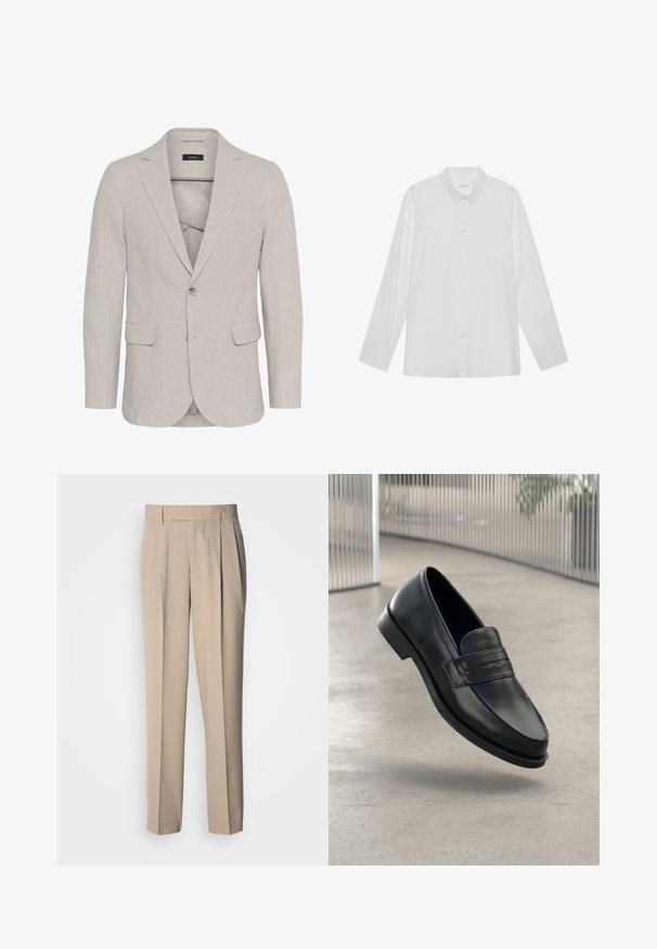 Lichtgrijze gestreepte blazer met een enkele knoopsluiting, notch revers, twee voorkruiken en een gestructureerde stof. Beschikt over een slim fit ontwerp.; Witte blouse met lange mouwen van soepel stof, met een puntige kraag, voorkant met knoopsluiting en manchetten met één knoop.; Beige, hooggetailleerde geplooide broek met een rechte pasvorm, met een gladde textuur zonder zichtbare versieringen of patronen.; Zwarte leren loafer met een gladde textuur, spitse neus en een decoratieve band over de wreef. Lichtgewicht zool, minimalistisch ontwerp.