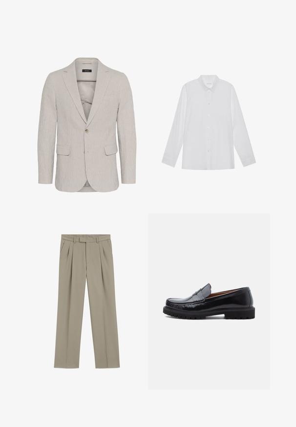 Lichtgrijze gestreepte blazer met een enkele knoopsluiting, notch revers, twee voorkruiken en een gestructureerde stof. Beschikt over een slim fit ontwerp.; Witte blouse met lange mouwen van soepel stof, met een puntige kraag, voorkant met knoopsluiting en manchetten met één knoop.; Beige rechte broek met plooien, riemlussen, zijzakken en een ritssluiting aan de voorkant.; Zwarte leren penny loafer met chunky rubberen zool en moc-toe stiksel, in profiel weergegeven op een witte achtergrond.