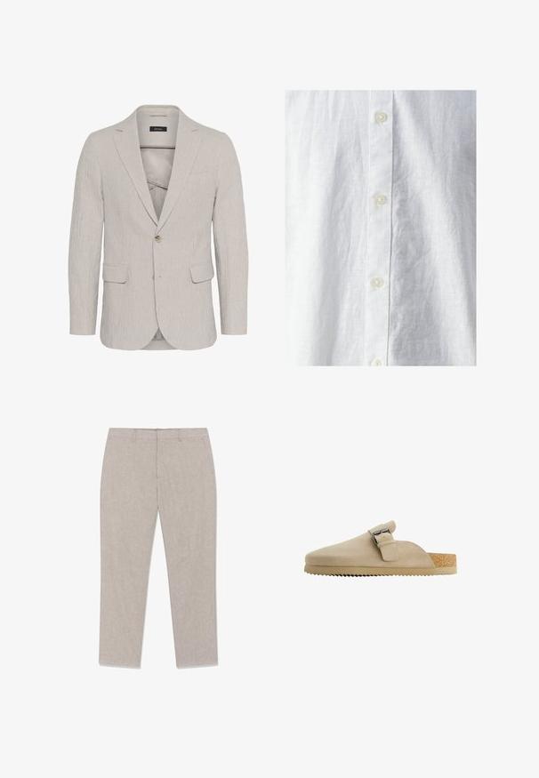 Hellgrau gestreifter Blazer mit einem Ein-Knopf-Verschluss, Reverskragen, zwei Vorderaschen und strukturiertem Stoff. Besitzt ein schmal geschnittenes Design.; Weißes Leinenhemd mit strukturierter Oberfläche, ausgestattet mit einer Knopfleiste auf der Vorderseite und drei sichtbaren Knöpfen. Klassisches Design ohne Muster.; Beige, gerade geschnittene Hose mit Gürtelschlaufen, Seitentaschen und einem Reißverschluss vorne.; Beige Wildlederschuh mit geschwungener Form, verstellbarem Metallverschlussriemen und strukturiertem Korkfußbett. Die Laufsohle hat eine gezahnte Kante für besseren Halt.