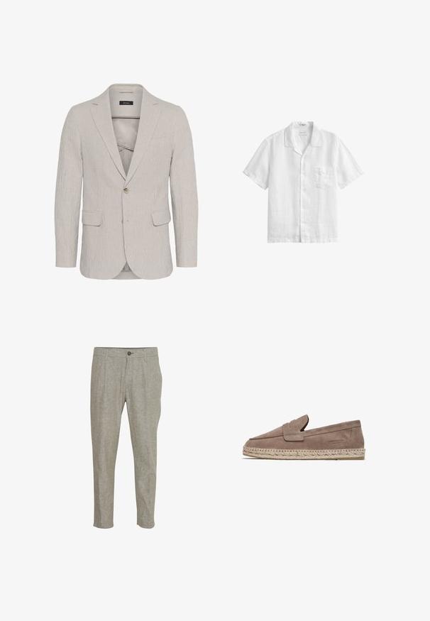 Hellgrau gestreifter Blazer mit einem Ein-Knopf-Verschluss, Reverskragen, zwei Vorderaschen und strukturiertem Stoff. Besitzt ein schmal geschnittenes Design.; Weißes kurzärmeliges Hemd mit Knopfleiste, Kragen und Brusttasche aus leichtem Stoff, dargestellt vor weißem Hintergrund.; Hellgraue Leinenhose mit Gürtelschlaufen, Knopf- und Reißverschluss, Seitentaschen und einer entspannten, gerade geschnittenen Passform auf weißem Hintergrund.; FRED MARTIN COLLECTION MARBELLA - Espadrille - taupe suede