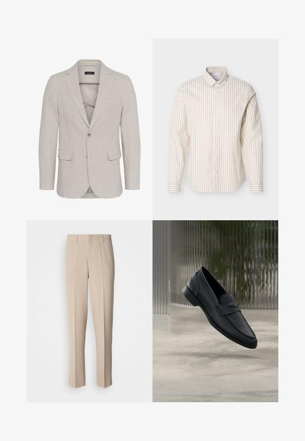Hellgrau gestreifter Blazer mit einem Ein-Knopf-Verschluss, Reverskragen, zwei Vorderaschen und strukturiertem Stoff. Besitzt ein schmal geschnittenes Design.; Beiges und weiß gestreiftes, langärmliges Hemd mit Knopfleiste und Button-down-Kragen, auf einem schlichten weißen Hintergrund präsentiert.; Beige maßgeschneiderte Hose mit geradem Schnitt aus einem glatten Stoff. Verfügt über eine flache Vorderseite und einen Standardbund mit Gürtelschlaufen.; Schwarzer Lederloafer mit glatter Oberfläche, spitzer Zehenpartie und gestickten Details über dem Spann. Niedriger Absatz und minimalistisches Design.