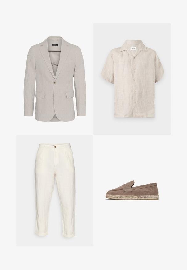 Hellgrau gestreifter Blazer mit einem Ein-Knopf-Verschluss, Reverskragen, zwei Vorderaschen und strukturiertem Stoff. Besitzt ein schmal geschnittenes Design.; Beiges kurzärmeliges Leinenhemd mit Kragen und vorderen Knöpfen, mit einem sichtbaren weißen Etikett innen im Kragen mit der Aufschrift „NN.07“.; Leinenhose in Off-White mit hoher Taille, mit Falten, einem vorderen Knopfverschluss und umgeschlagenen Säumen. Sanfte Textur.; FRED MARTIN COLLECTION MARBELLA - Espadrille - taupe suede