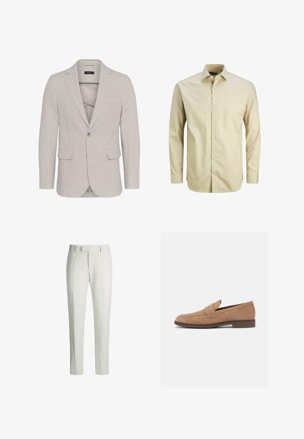Hellgrau gestreifter Blazer mit einem Ein-Knopf-Verschluss, Reverskragen, zwei Vorderaschen und strukturiertem Stoff. Besitzt ein schmal geschnittenes Design.; Beige Langarm-Hemd mit Knöpfen aus glattem Stoff, mit spitzem Kragen, Knopfleiste vorne und taillierter Passform.; Weiße, maßgeschneiderte Herrenhosen mit vorderen Bünden, Gürtelschlaufen und Seitentasche auf einfachem Hintergrund.; Hellbrauner Wildleder-Herrenloafer mit niedrigem Absatz, abgerundeter Spitze und einem Riemendetail über der Oberseite.