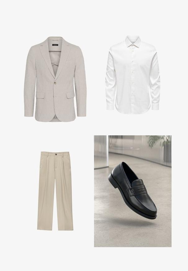Hellgrau gestreifter Blazer mit einem Ein-Knopf-Verschluss, Reverskragen, zwei Vorderaschen und strukturiertem Stoff. Besitzt ein schmal geschnittenes Design.; Weißes Herrenhemd mit langen Ärmeln, spitzem Kragen und einer vorderen Reihe weißer Knöpfe auf einfarbigem Hintergrund.; Beige Hosen mit geradem Schnitt, ausgestattet mit einem einzelnen schwarzen Knopf, Gürtelschlaufen und Seitentaschen. Glatte Stofftextur und minimalistisches Design.; Schwarzer Lederloafer mit glatter Textur, spitzer Zehe und einem dekorativen Riemen über dem Rist. Leichte Sohle, minimalistisches Design.