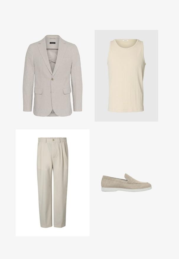 Lichtgrijze gestreepte blazer met een enkele knoopsluiting, notch revers, twee voorkruiken en een gestructureerde stof. Beschikt over een slim fit ontwerp.; Mouwloos beige geribbeld gebreid topje met ronde hals, rechte zoom en subtiele verticale streeptextuur.; Beige op maat gemaakte broek met voorplooien, riemlussen, knoopsluiting en rechte pijpen.; Beige suède slip-on loafer met witte rubberen zool en minimale stiksel details, zijaanzicht tegen een witte achtergrond.
