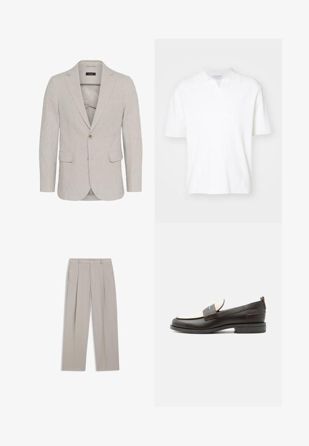 Vaaleanharmaa raidoitettu bleiseri, jossa on yksinkertainen nappikiinnitys, lovet kauluksessa, kaksi etutaskua ja teksturoitu materiaali. Ominaisuuksina slim fit -malli.; Valkoinen lyhythihainen polo-paita, jossa on kauluskietto ja hillitty V-aukko. Valmistettu pehmeästä kankaasta, jossa on sileä textura.; Beigenväriset suorat housut edessä laskoksilla, vyölenkeillä ja napillinen suljenta valkoisella taustalla.; Miesten tummanruskea nahkainen loafer-kenkä, jossa vaalea kangaspaneeli ja klassinen tikattu hihnatyyli, tasainen pohja ja vedinkieleke kantapäässä.