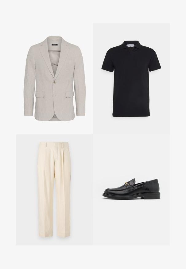 Hellgrau gestreifter Blazer mit einem Ein-Knopf-Verschluss, Reverskragen, zwei Vorderaschen und strukturiertem Stoff. Besitzt ein schmal geschnittenes Design.; Schwarzes kurzärmliges Polohemd mit klassischem Kragen, aus glattem Material. Verfügt über ein Etikett mit dem Markennamen 'Filippa K' am Kragen.; NN.07 KAY - Stoffhose - off white; Schwarze Lederleter mit einer abgerundeten Zehenpartie, ausgestattet mit goldenen Hardwareakzenten und Stichdetails, auf einer niedrigen, strukturierten Gummisohle.