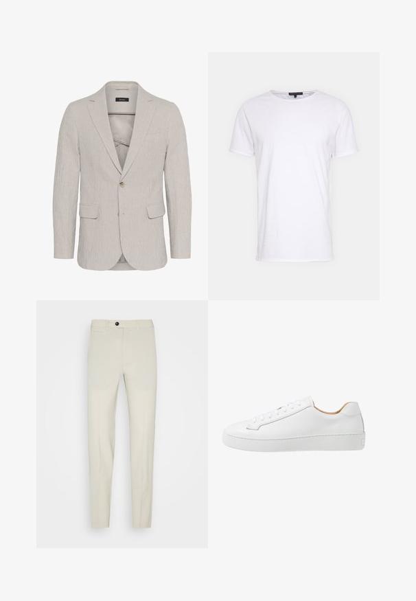 Lichtgrijze gestreepte blazer met een enkele knoopsluiting, notch revers, twee voorkruiken en een gestructureerde stof. Beschikt over een slim fit ontwerp.; Witte katoenen t-shirt met een ronde halslijn, korte mouwen en een rechte snit. Heeft een eenvoudige, gladde textuur zonder aanvullende patronen.; Beige op maat gemaakte broeken met een slim fit, gemaakt van een gladde stof, met een enkele voorzak en een zwarte knoopsluiting.; Witte leren sneaker met een gladde afwerking, ronde neus, platte vetersluiting en een dikke rubberen zool met een gestructureerd grippatroon.