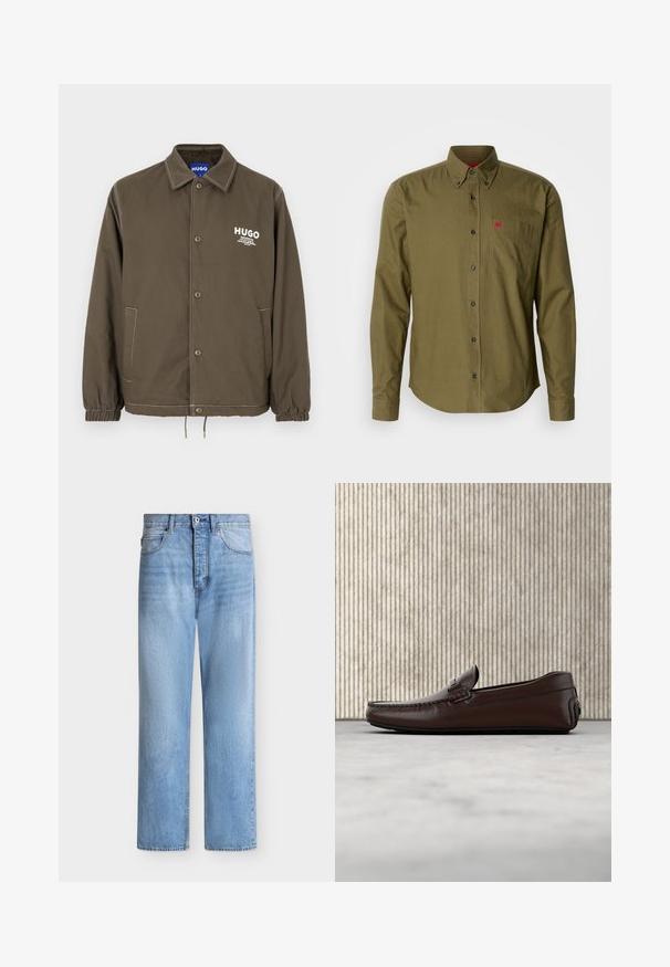 Veste boutonnée vert olive avec col, poignets élastiques, deux poches latérales et logo blanc "HUGO" sur la poitrine.; Chemise boutonnée vert olive en coton. Dispose d'une poche poitrine avec un petit logo rouge, de manches longues et de boutons noirs.; Jean droit en denim bleu clair avec fermeture par bouton et zip, poches avant et arrière, et passants de ceinture à la taille.; Mocassins en cuir marron avec une finition lisse, des coutures de style mocassin, un bout rehaussé et une semelle en caoutchouc basse et flexible.