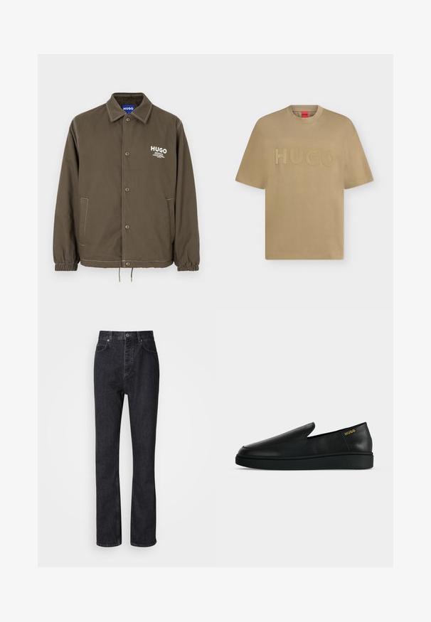 Veste boutonnée vert olive avec col, poignets élastiques, deux poches latérales et logo blanc "HUGO" sur la poitrine.; T-shirt beige à manches courtes avec col rond et logo embossé "HUGO" centré sur la poitrine.; Jean en denim noir taille haute avec fermeture à bouton et à glissière, poches avant et arrière, et coupe droite.; Chaussure noire en cuir à enfiler avec semelle épaisse et marquage "HUGO" en or près du talon sur un fond uni gris clair.