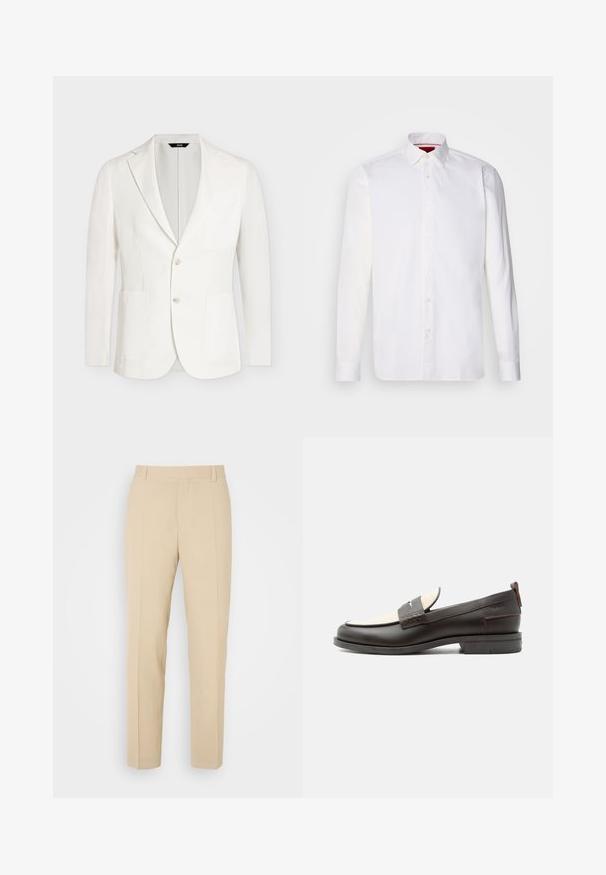 Blazer blanc pour homme avec deux boutons, col cranté, deux poches plaquées à l'avant et une poche poitrine, présenté sur un fond uni.; Chemise blanche à manches longues en coton, avec un col classique, une patte de boutonnage à l'avant et une texture lisse. Détail rouge à l'intérieur du col.; Pantalons beige ajustés avec une coupe droite, fabriqués en tissu léger, dotés de deux poches avant et de plis bien repassés.; Mocassin homme en cuir marron foncé avec panneau en tissu écru et détail classique de bride cousue, semelle plate et languette au talon.