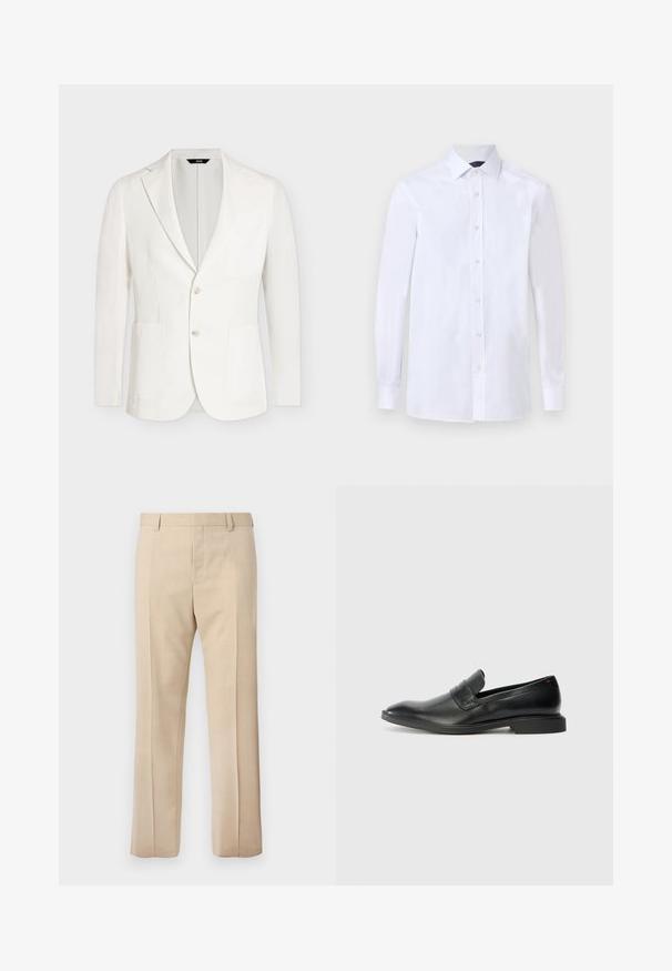 Blazer blanc pour homme avec deux boutons, col cranté, deux poches plaquées à l'avant et une poche poitrine, présenté sur un fond uni.; Chemise blanche à manches longues pour homme avec boutonnières devant et col pointu, présentée sur un fond uni.; Pantalon beige sur mesure avec passants pour ceinture, pli devant et fermeture éclair dissimulée, présenté sur un fond uni.; Mocassins en cuir noir avec une texture lisse, un nez pointu et un petit talon rectangulaire. Présente un détail de bande horizontale sur le dessus.