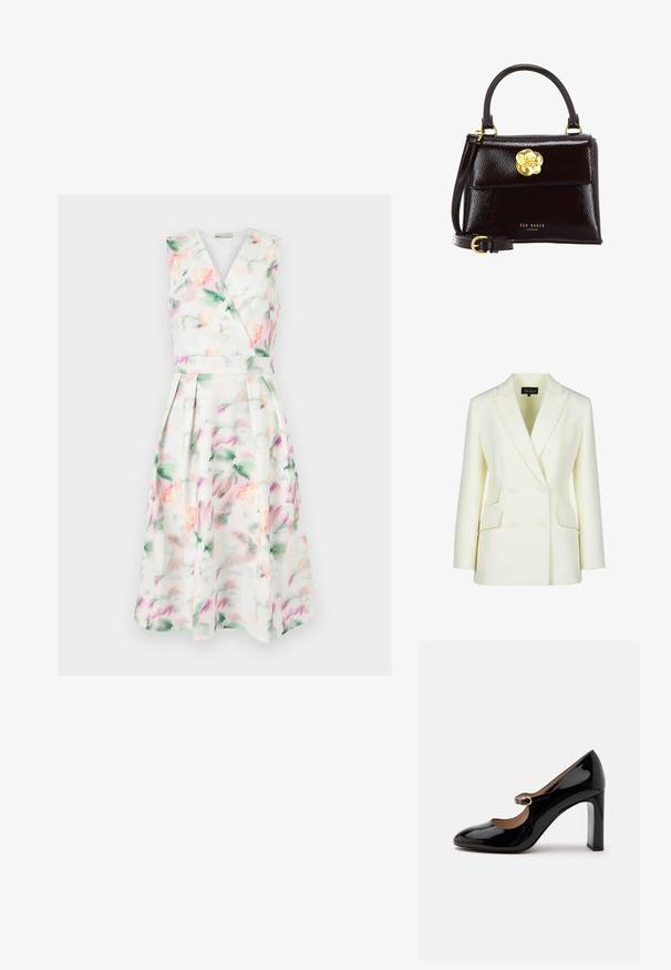 Dobbeltbrystet blazer i off-white, med klippet krave, to forlommer og en struktureret pasform. Fremstillet af glat, tekstureret stof.; Ærmeløs hvid midi-kjole med pastel akvarelblomstret print, V-hals omslagsbodice, tætsiddende talje og plisseret nederdel.; Sort laklæder Mary Jane-højhælet sko med rundet tå og lille spænde over vristen på hvid baggrund.; Sort laklæderhåndtaske med struktureret design, der har et buet håndtag, aftagelig rem og en guldfarvet blomsterlåsdetalje.