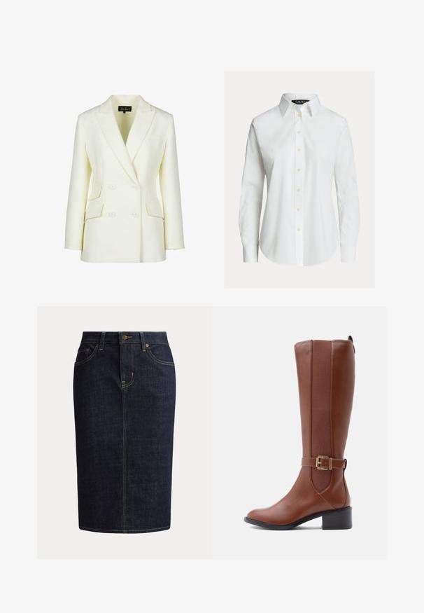 Dobbeltbrystet blazer i off-white, med klippet krave, to forlommer og en struktureret pasform. Fremstillet af glat, tekstureret stof.; Hvid skjorte med lange ærmer, knapper foran, spids krave og let buet kant.; Mørkeblå denim blyantsnederdel med forlommer, bæltestropper, knaplukning og synlige kontrastsømme.; Brun knæhøj støvle med en glat læderoverflade og et stofpanel, prydet med en guldspænde og en lav blokhæl.