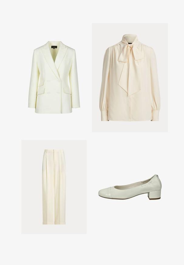 Dobbeltbrystet blazer i off-white, med klippet krave, to forlommer og en struktureret pasform. Fremstillet af glat, tekstureret stof.; Langærmet bluse i cremefarve med høj krave og stor bundet sløjfe ved halsen, med rynkede skuldre og knapmanchetter.; Skræddersyede bukser i cremefarve med forreste læg, bæltestropper og opsmøgede kanter, vist på en ensfarvet baggrund.; Hvide læderballetsko med rund tå, lille blokhæle og elastisk ryg for bedre pasform. Poleret tætsko tilføjer kontrast.