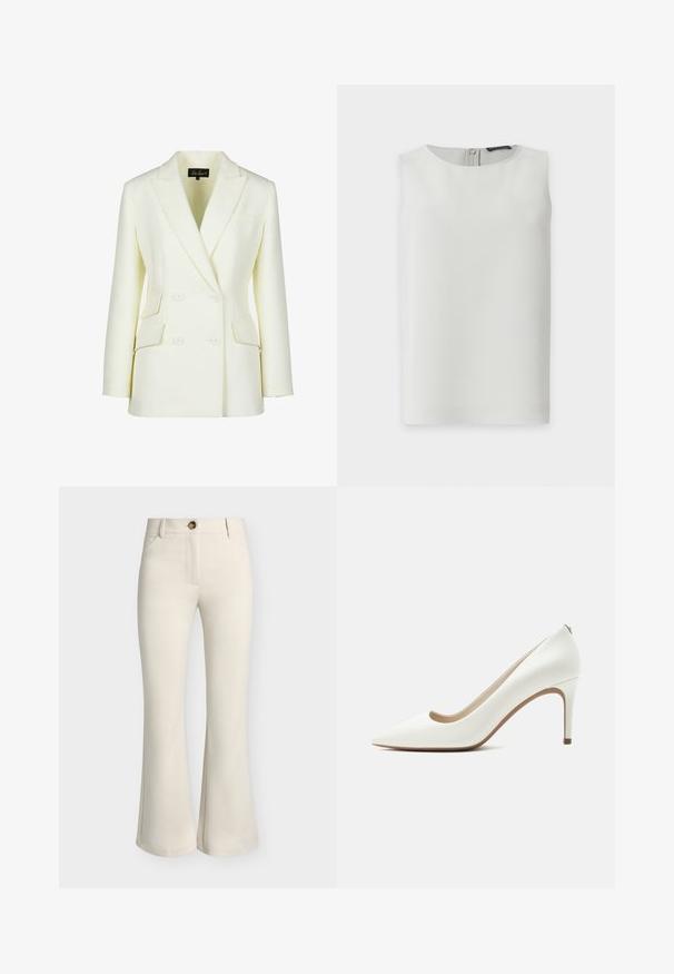 Dobbeltbrystet blazer i off-white, med klippet krave, to forlommer og en struktureret pasform. Fremstillet af glat, tekstureret stof.; Ærmeløs hvid bluse med rund halsudskæring og synlig lynlås bagpå, vist mod en enkel hvid baggrund.; Beige bukser med høj talje, forlommer, knaplukning og let udvidede ben mod en ensfarvet baggrund.; Hvidt læder spidst stiletto hæl med slank høj hæl og glat finish, vist fra siden på en ensartet lys baggrund.